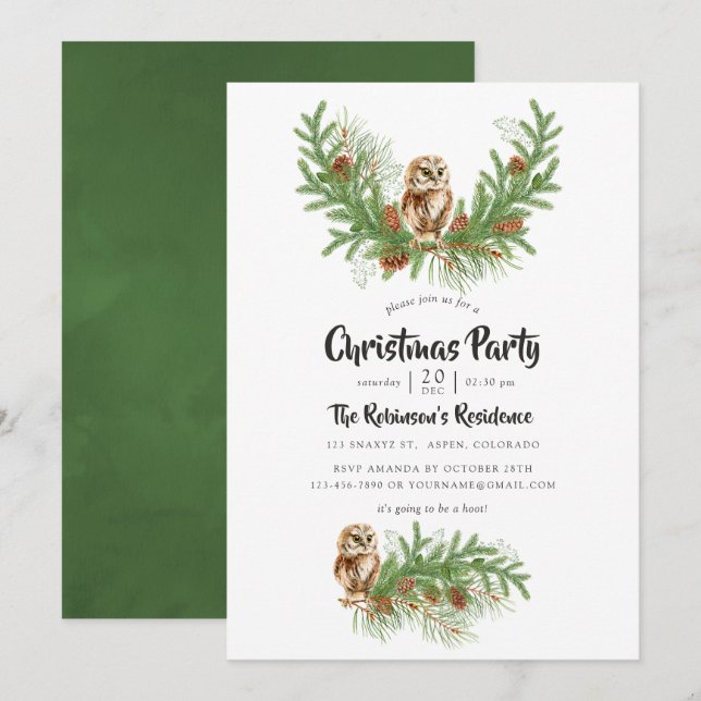 Invitation Fête de Noël du hibou de l'aquarelle (Devant / Derrière)