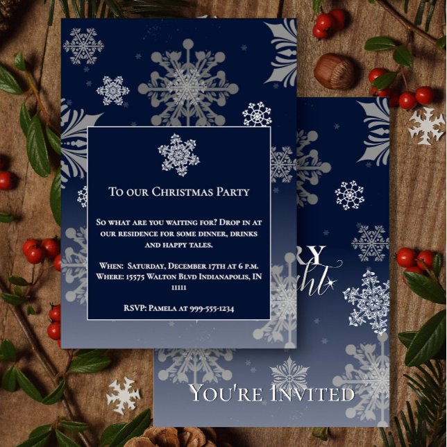 Invitation Fête de Noël du Joyau bleu et des flocons de neige (Blue Merry and Bright Snowflakes Christmas Party Invitation)
