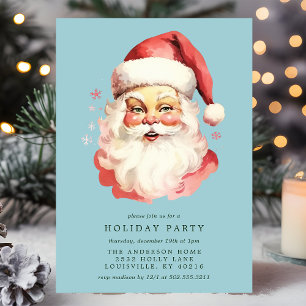 Invitation Fête de Noël du Père Noël Rétro Bleu Vintage