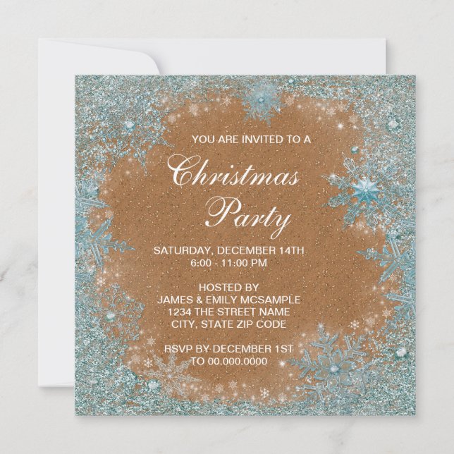 Invitation Fête de Noël Elegant Cuivre Turquoise Blue Snowfla (Devant)