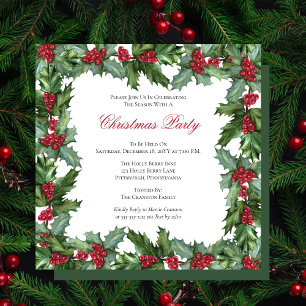Invitation Fête de Noël Elegant Holly et Berries