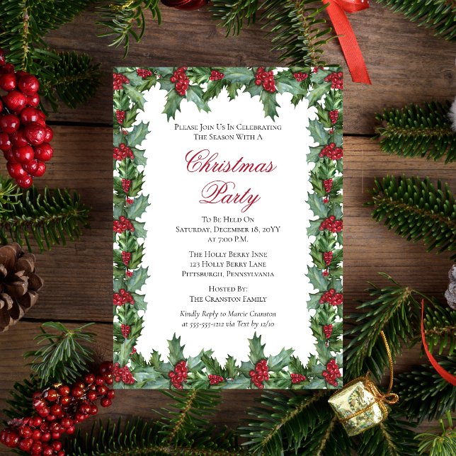 Invitation Fête de Noël Elegant Holly et Berries (Elegant Holly and Berries Frame Christmas Holiday Party  Invitation (green back))