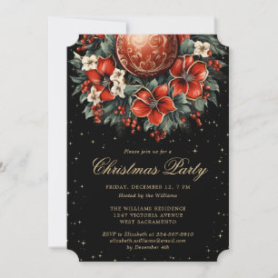 Invitation Fête de Noël Élégant Noir Or Botanique