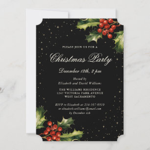 Invitation Fête de Noël élégante avec houx à baies rouges