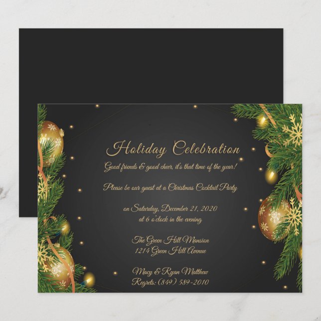Invitation Fête de Noël élégante Black & Gold (Devant / Derrière)