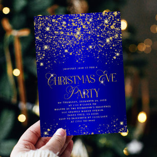 Invitation Fête de Noël élégante bleue et dorée avec paillett