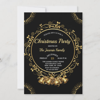 Invitation Fête de NOËL élégante Cloches noires et dorées