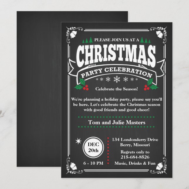 Invitation Fête de Noël élégante en carton noir (Devant / Derrière)