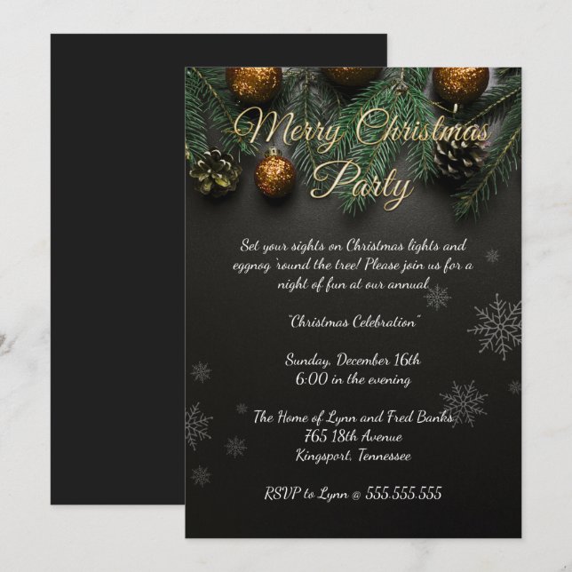 Invitation Fête de Noël élégante en noir (Devant / Derrière)