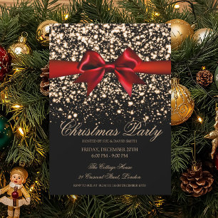 Invitation Fête de Noël élégante Gold Glam Red Bow