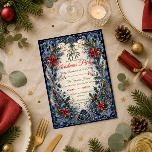 Invitation Fête de Noël élégante Navy Art Nouveau