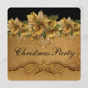 Invitation Fête de Noël élégante poinsettia noir et or