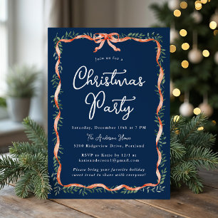Invitation Fête de Noël élégante ruban rouge verdure marine