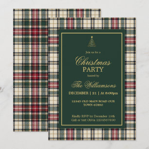 Invitation Fête de Noël élégante verte tartan or script