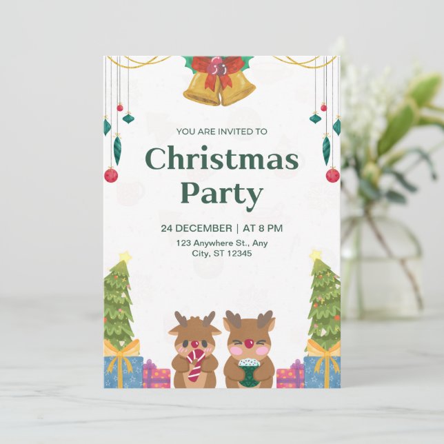 Invitation Fête de Noël en Aquarelle verte personnalisée (Debout devant)