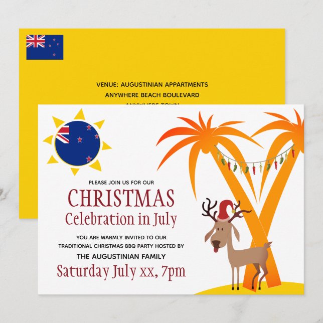 Invitation FÊTE DE NOËL EN JUILLET BBQ Nouvelle-Zélande (Devant / Derrière)