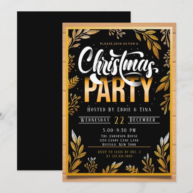 Invitation Fête de Noël en noir et or (Devant / Derrière)