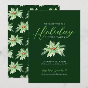 Invitation Fête de Noël en soirée avec aquarelle de houx et d
