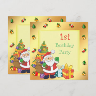 Invitation Fête de Noël encadrée Santa & Cadeaux 1er Annivers