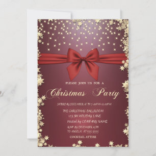 Invitation Fête de Noël Étoiles Dorées Ruban Rouge