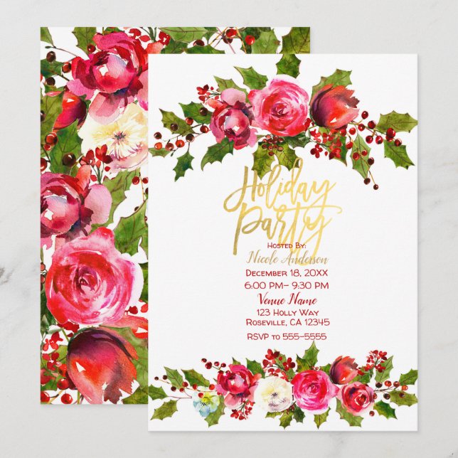 Invitation Fête de Noël Festive Holly Berry Floral (Devant / Derrière)