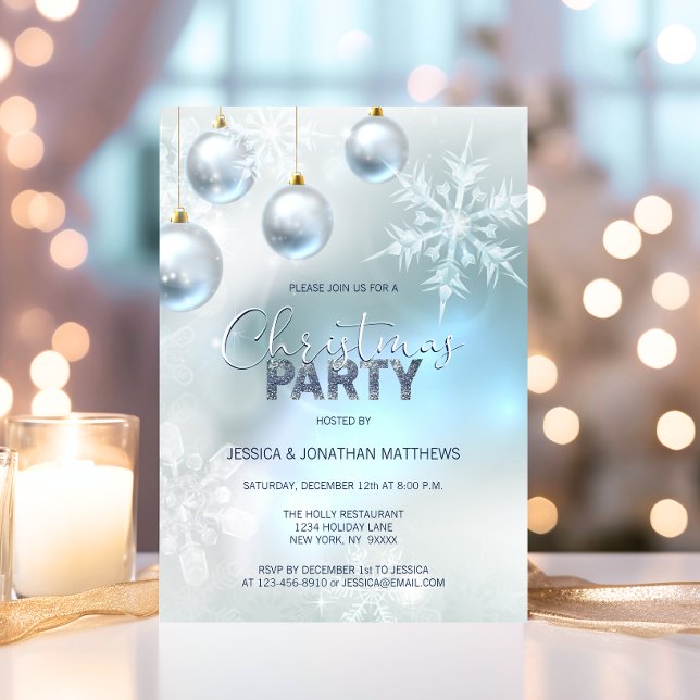 Invitation FÊTE DE NOËL FÊTE DE Neige Hiver FLUX DE Neige Ble (CHRISTMAS PARTY Winter Snow Snowflakes Blue Silver Invitation)