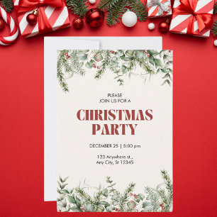 Invitation Fête de Noël fleurie beige et vert
