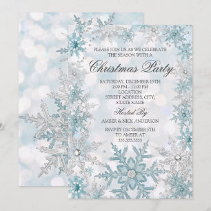 Invitation Fête de Noël Flocon de Neige Cristal Argent Bleu 2