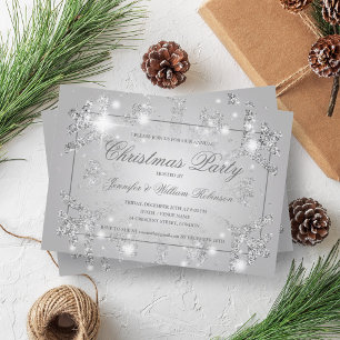 Invitation Fête de Noël Flocon de Neige Pailleur Argenté 