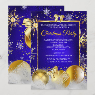 Invitation Fête de Noël Flocon de neige Royal Blue Gold Baubl