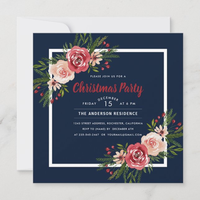 Invitation Fête de Noël florale d'aquarelle de bleu marine (Devant)