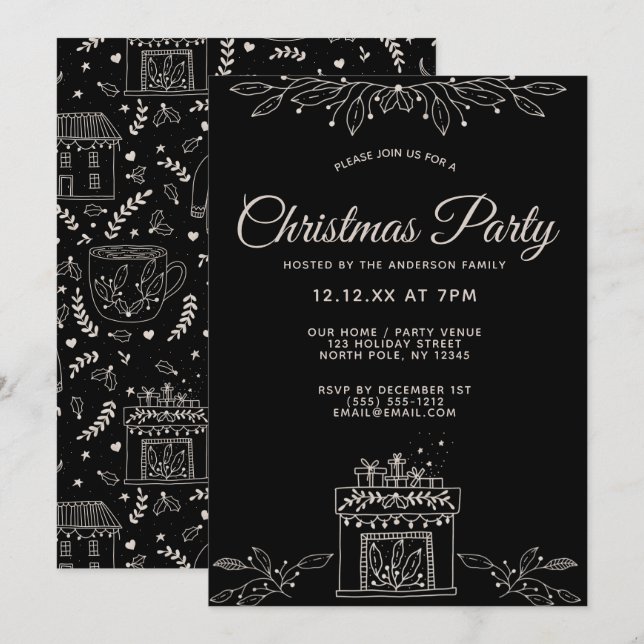 Invitation Fête de Noël florale noire et blanche (Devant / Derrière)