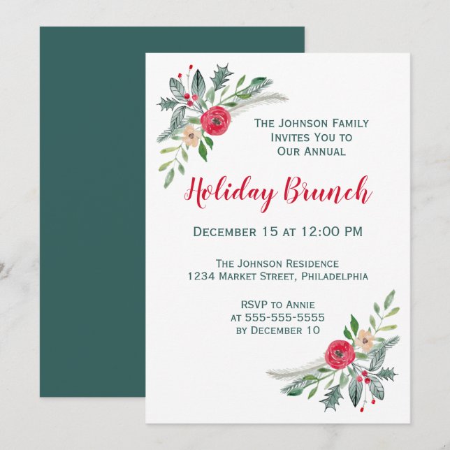 Invitation Fête de Noël Florals d'hiver & Holly (Devant / Derrière)