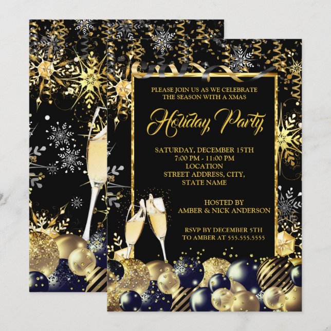 Invitation Fête de Noël Gold Black Snowflakes (Devant / Derrière)