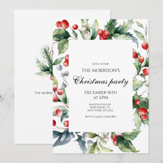 Invitation Fête de Noël Holiday Holly (Devant / Derrière)
