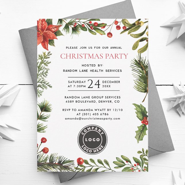 Invitation Fête de Noël Holly Berries (Modern Business Logo Christmas Party Red Berries Greenery Invitation)