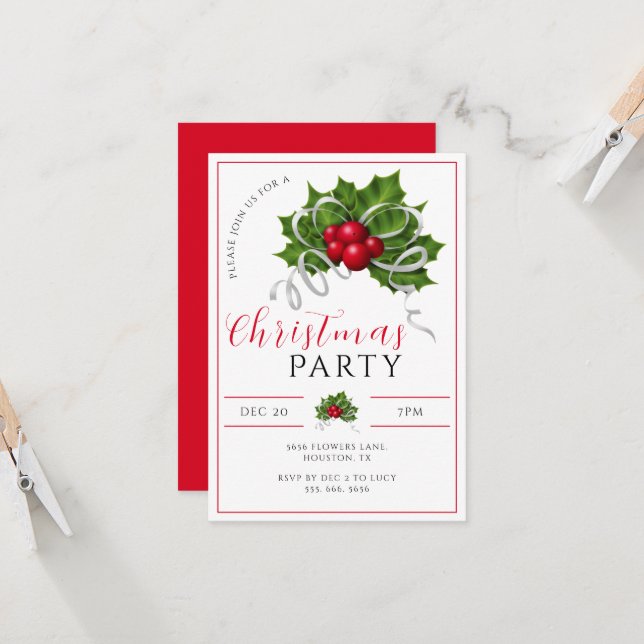 Invitation Fête de Noël Holly, Berries et Ribbon (Devant/Arrière en situation)