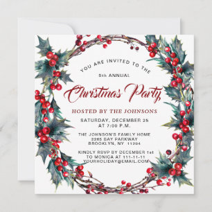 Invitation Fête de Noël Holly Berry Wreath Watercolor
