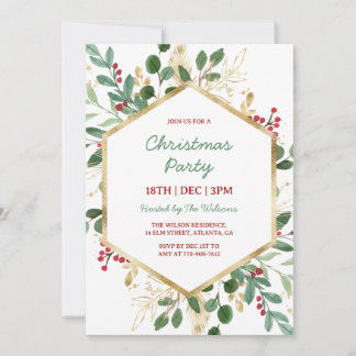 Invitation Fête de Noël Holly Green et Gold