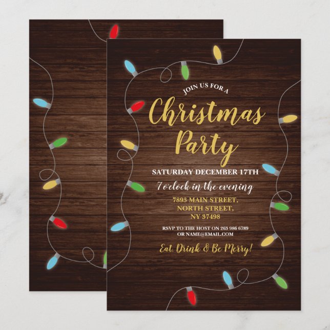Invitation Fête de Noël Lumières bois arbre festif (Devant / Derrière)