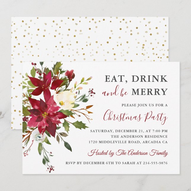 Invitation Fête de Noël Manger Boire Soyez Joyeux Vacances (Devant / Derrière)