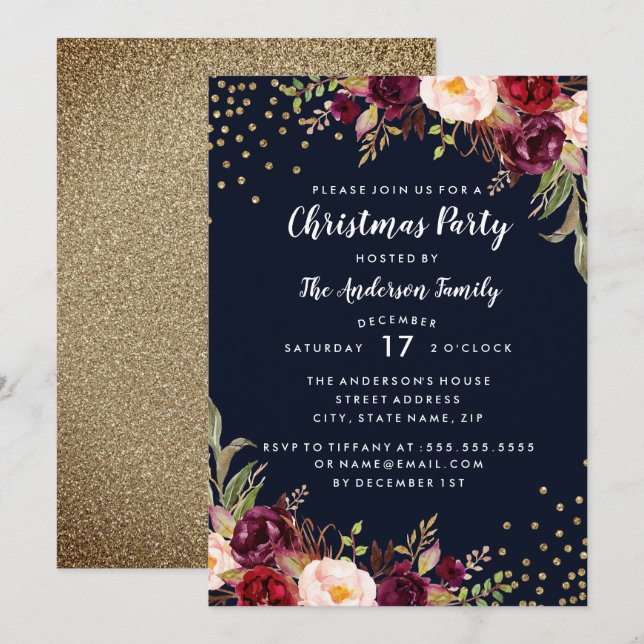 Invitation Fête de Noël Marine Bourgogne Gold Floral Invitati (Devant / Derrière)