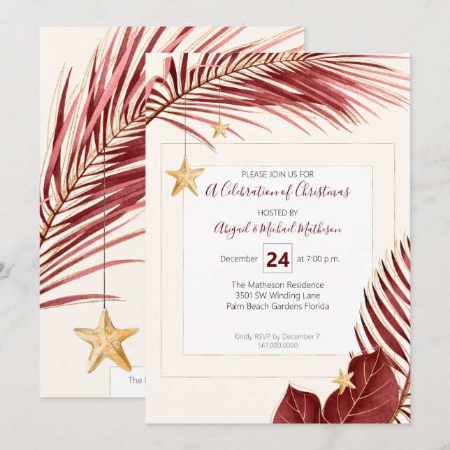 Invitation Fête de Noël Maroon et Gold Tropical Green (Devant / Derrière)