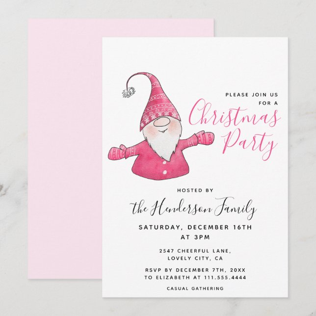 Invitation Fête de Noël mignonne Gnome blanc et rose (Devant / Derrière)