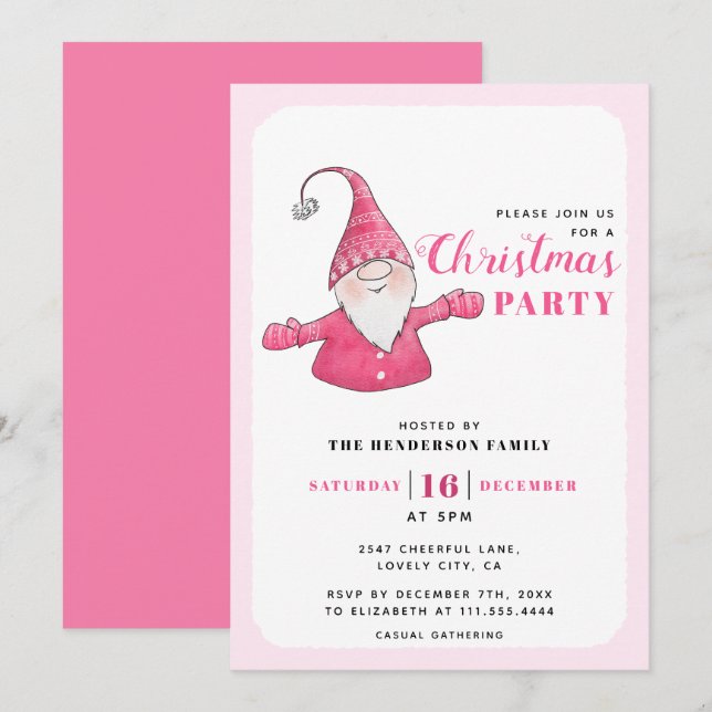 Invitation Fête de Noël mignonne Gnome blanc et rose (Devant / Derrière)
