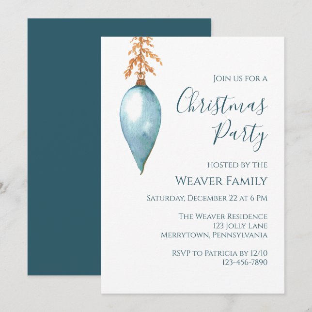 Invitation Fête de Noël moderne Bauble en aquarelle bleue (Devant / Derrière)