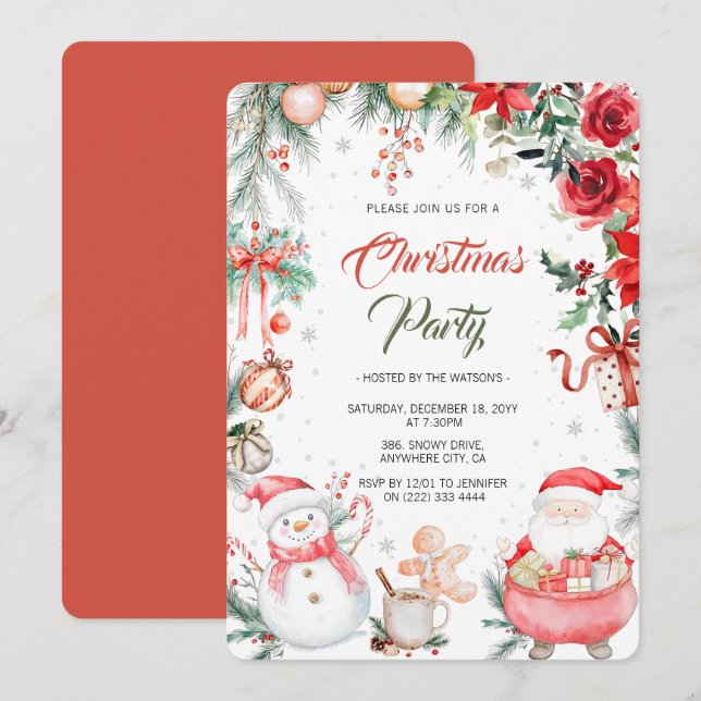 Invitation Fête de Noël moderne Watercolor (Devant / Derrière)