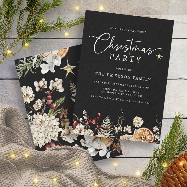 Invitation Fête de Noël noire (Black Rustic Boho Christmas Party Invitation by Painted Paperie
)
