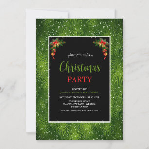 Invitation FÊTE DE NOËL Ornement Rouge Vert Pin Neige