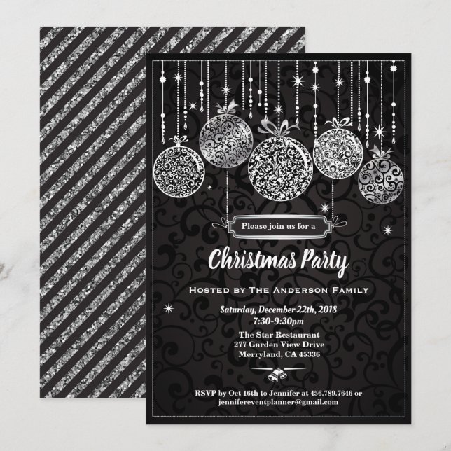 Invitation Fête de Noël ornements noir et argent (Devant / Derrière)